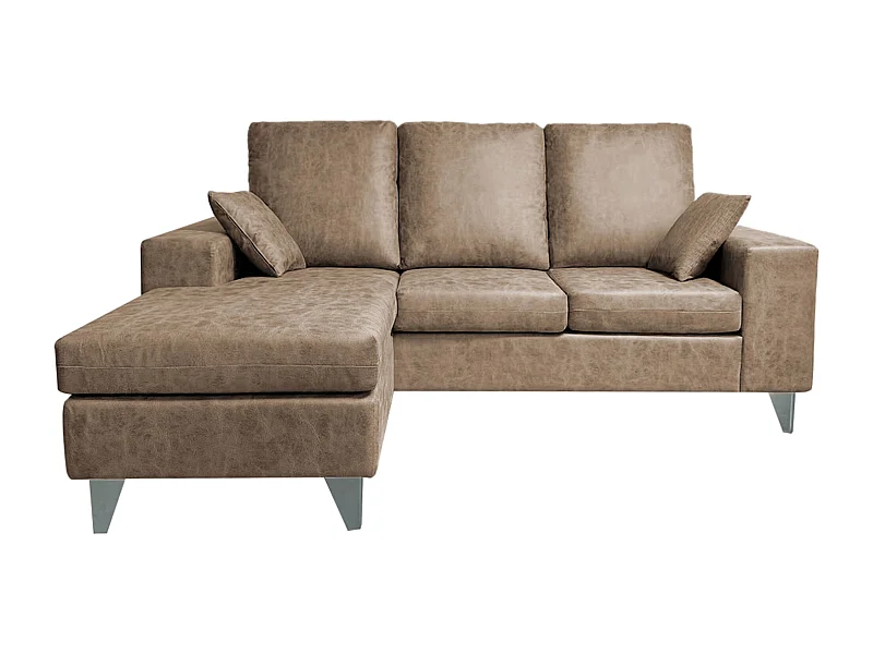 Canapé d'angle 3 places réversible en simili-cuir coloris marron  - Longueur 200 x profondeur 144 x hauteur 99 cm