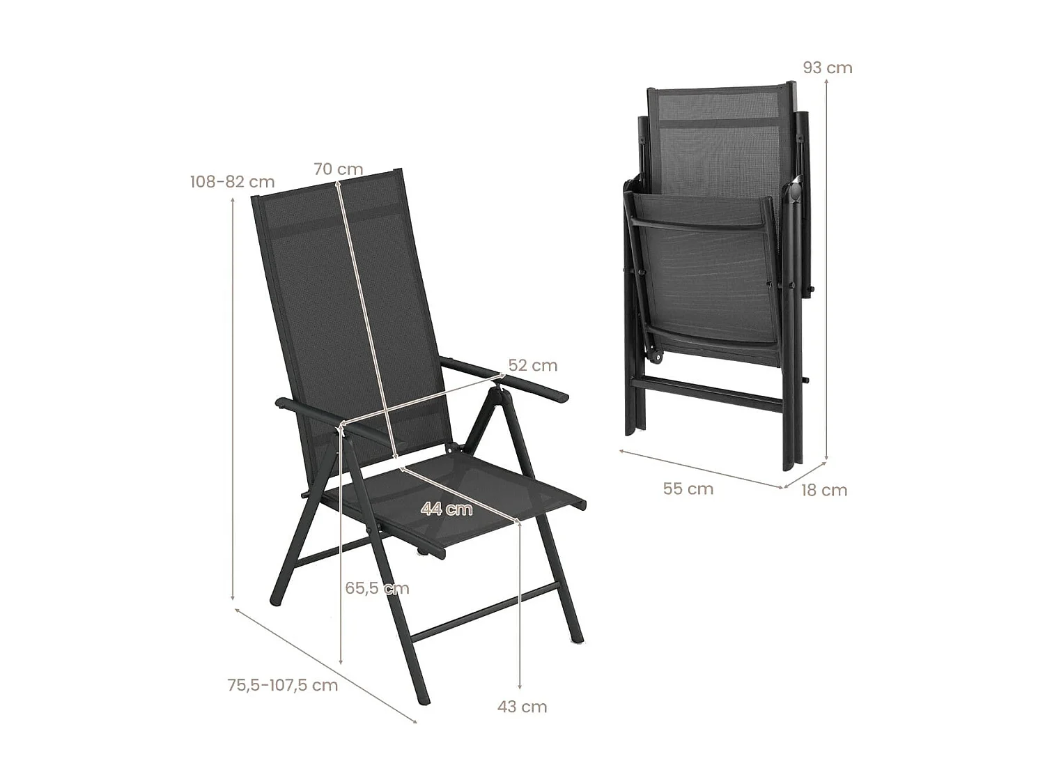 Chaises de Salle à Manger Pliantes pour Patio Chaises d&#039;Extérieur avec Dossier Haut Réglable sur 7 Niveaux Noir