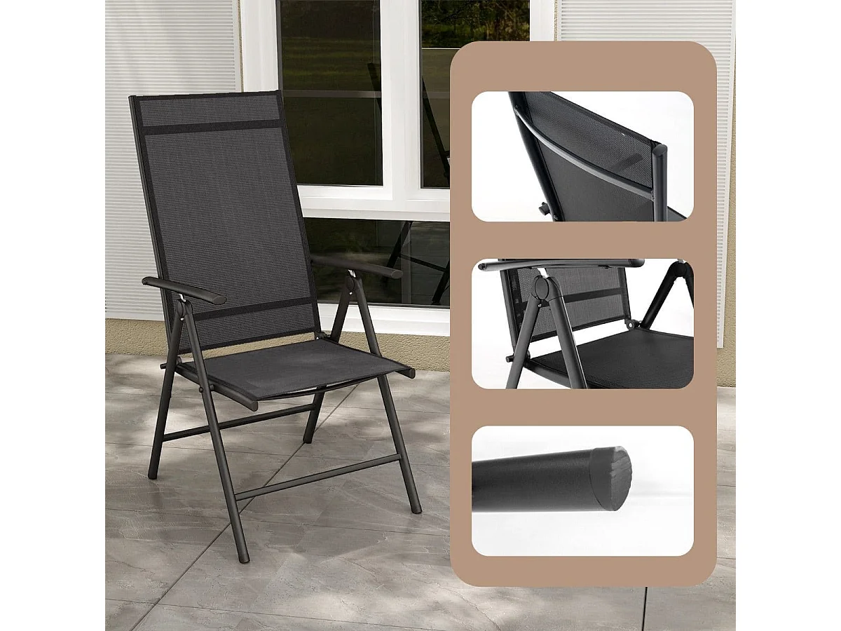 Chaises de Salle à Manger Pliantes pour Patio Chaises d&#039;Extérieur avec Dossier Haut Réglable sur 7 Niveaux Noir