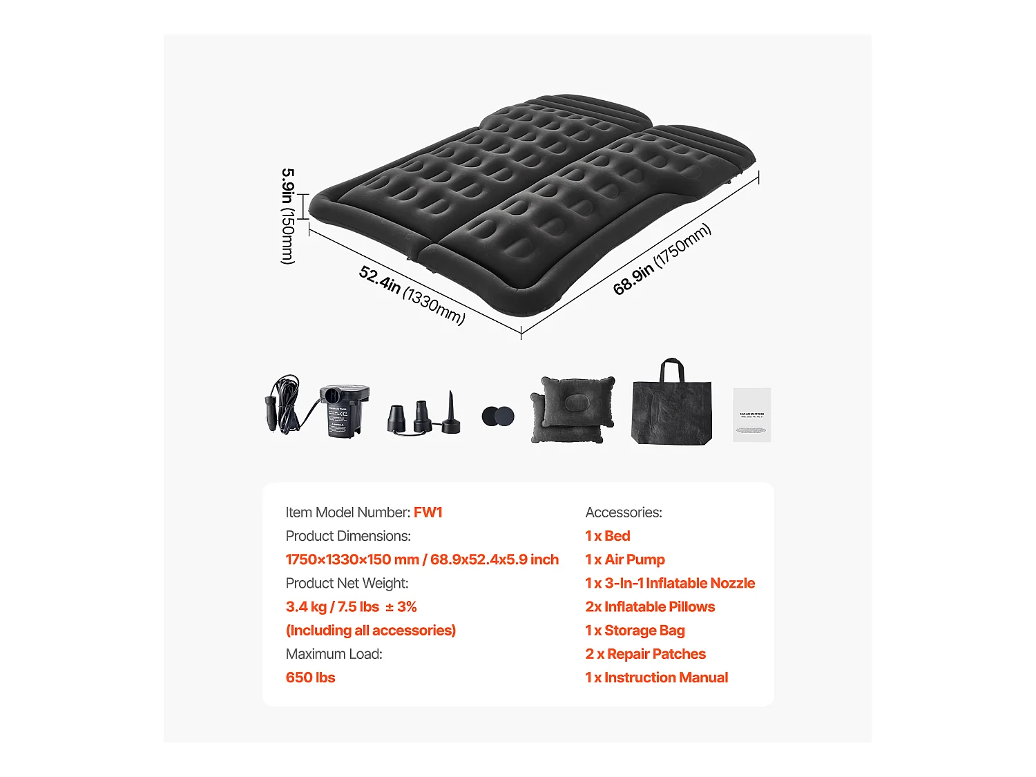 Matelas Gonflable, SucceBuy Matelas Gonflable Voiture Lit de Couchage Floqué avec Pompe à Air Noir
