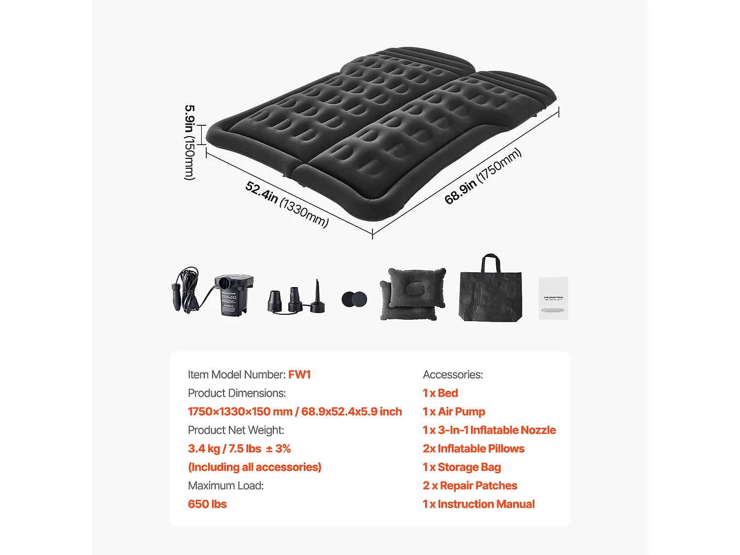 Matelas Gonflable, SucceBuy Matelas Gonflable Voiture Lit de Couchage Floqué avec Pompe à Air Noir