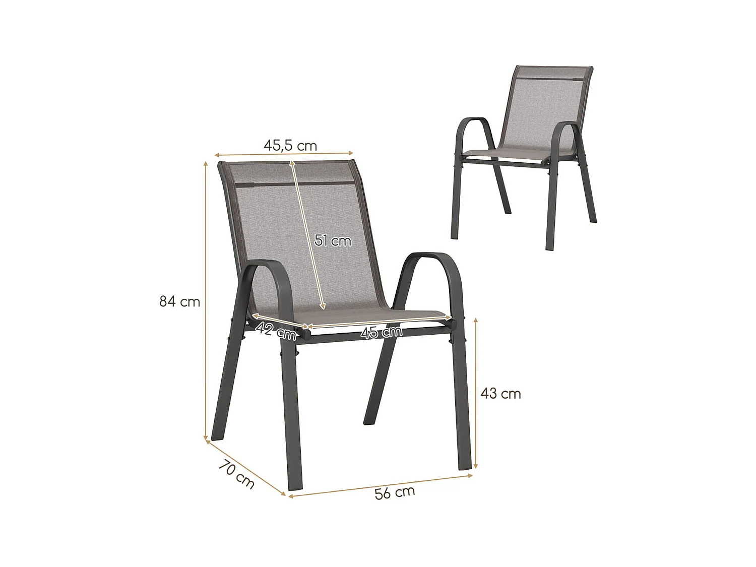 Set di 4 sedie per esterni con tessuto traspirante e struttura in metallo, Sedie impilabili per salvare spazio Grigio