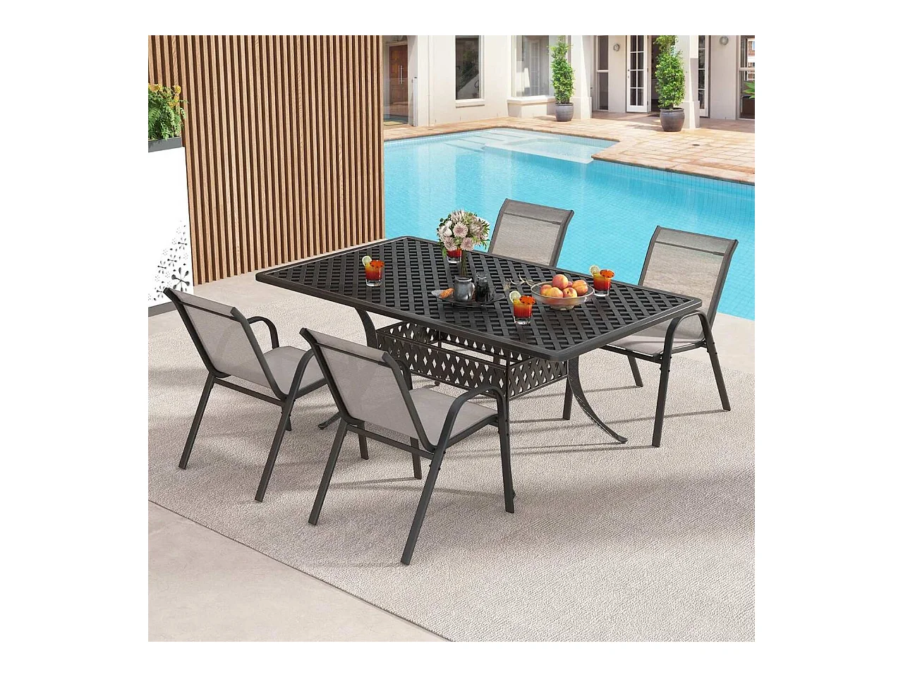 Set di 4 sedie per esterni con tessuto traspirante e struttura in metallo, Sedie impilabili per salvare spazio Grigio