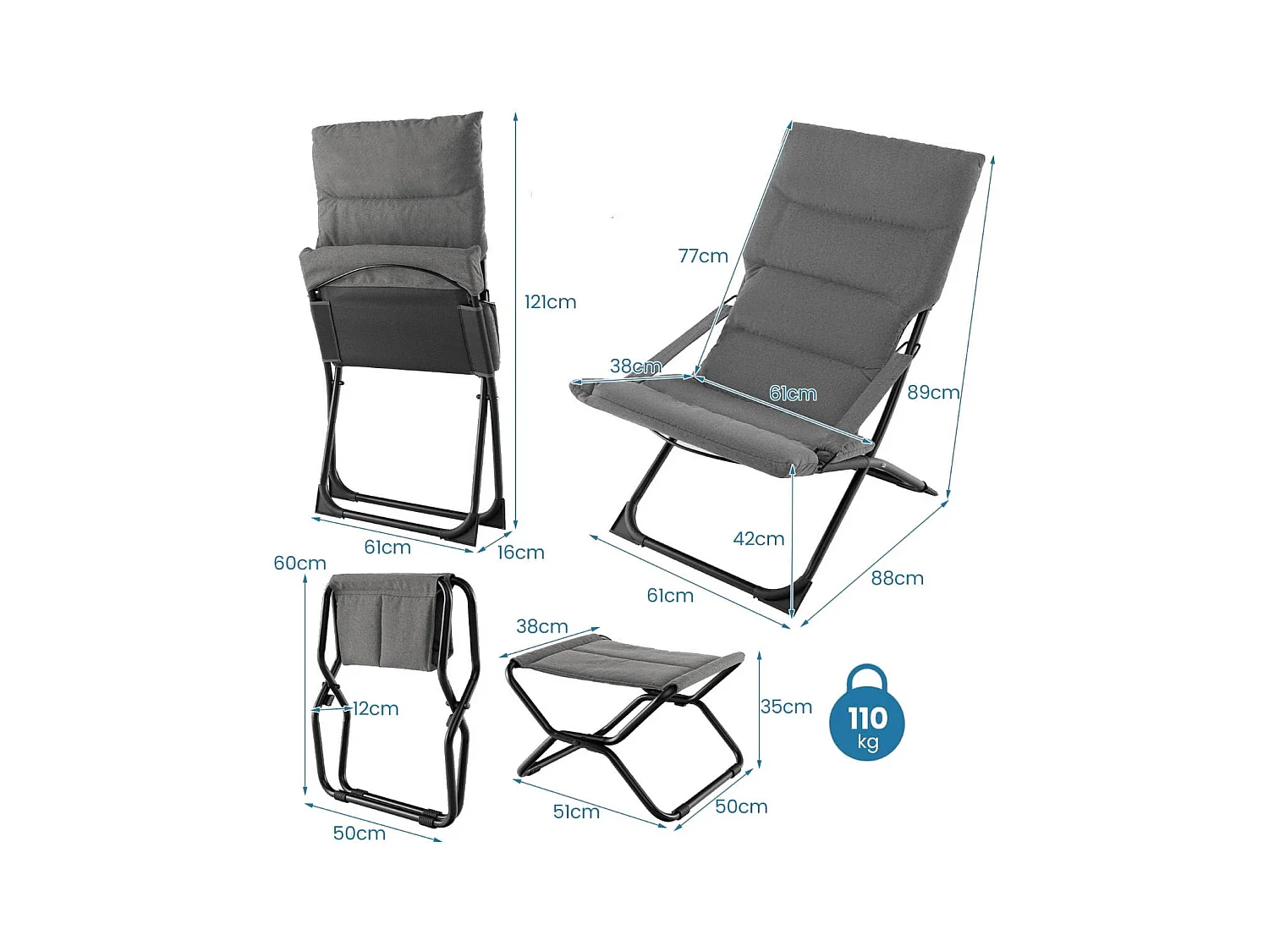 Sedia a sdraio pieghevole da patio con poggiapiedi e cuscino rimovibile, Sedia da esterno portatile Grigio