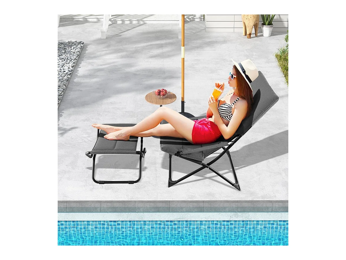 Sedia a sdraio pieghevole da patio con poggiapiedi e cuscino rimovibile, Sedia da esterno portatile Grigio