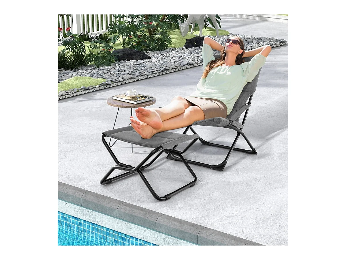 Sedia a sdraio pieghevole da patio con poggiapiedi e cuscino rimovibile, Sedia da esterno portatile Grigio