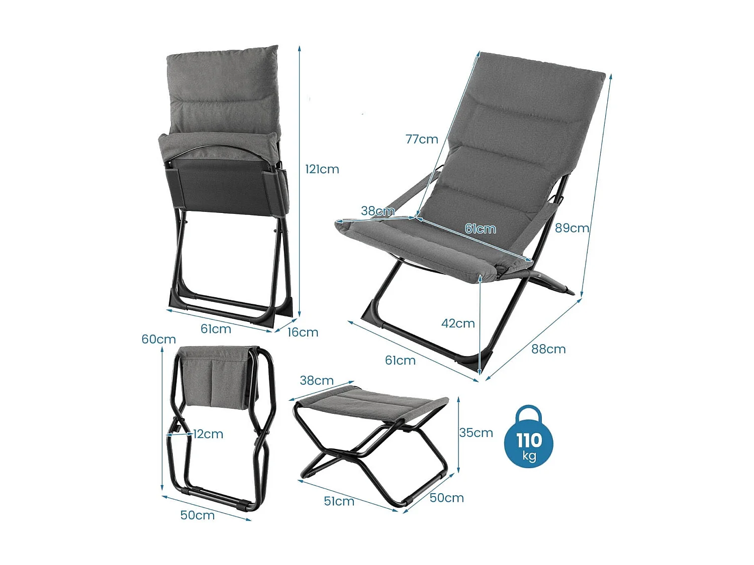 Sedia a sdraio pieghevole da patio con poggiapiedi e cuscino rimovibile, Sedia da esterno portatile Grigio