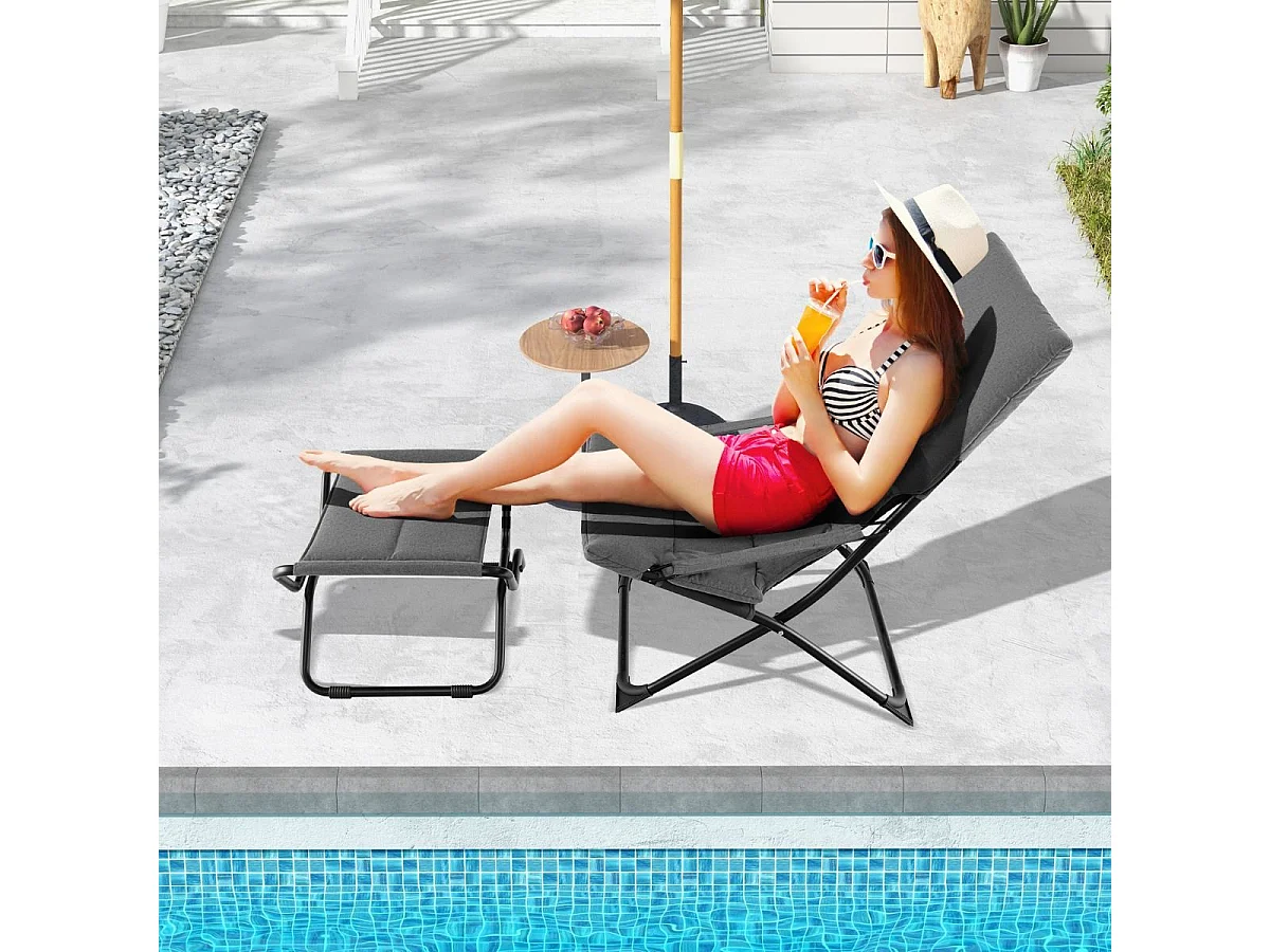 Sedia a sdraio pieghevole da patio con poggiapiedi e cuscino rimovibile, Sedia da esterno portatile Grigio