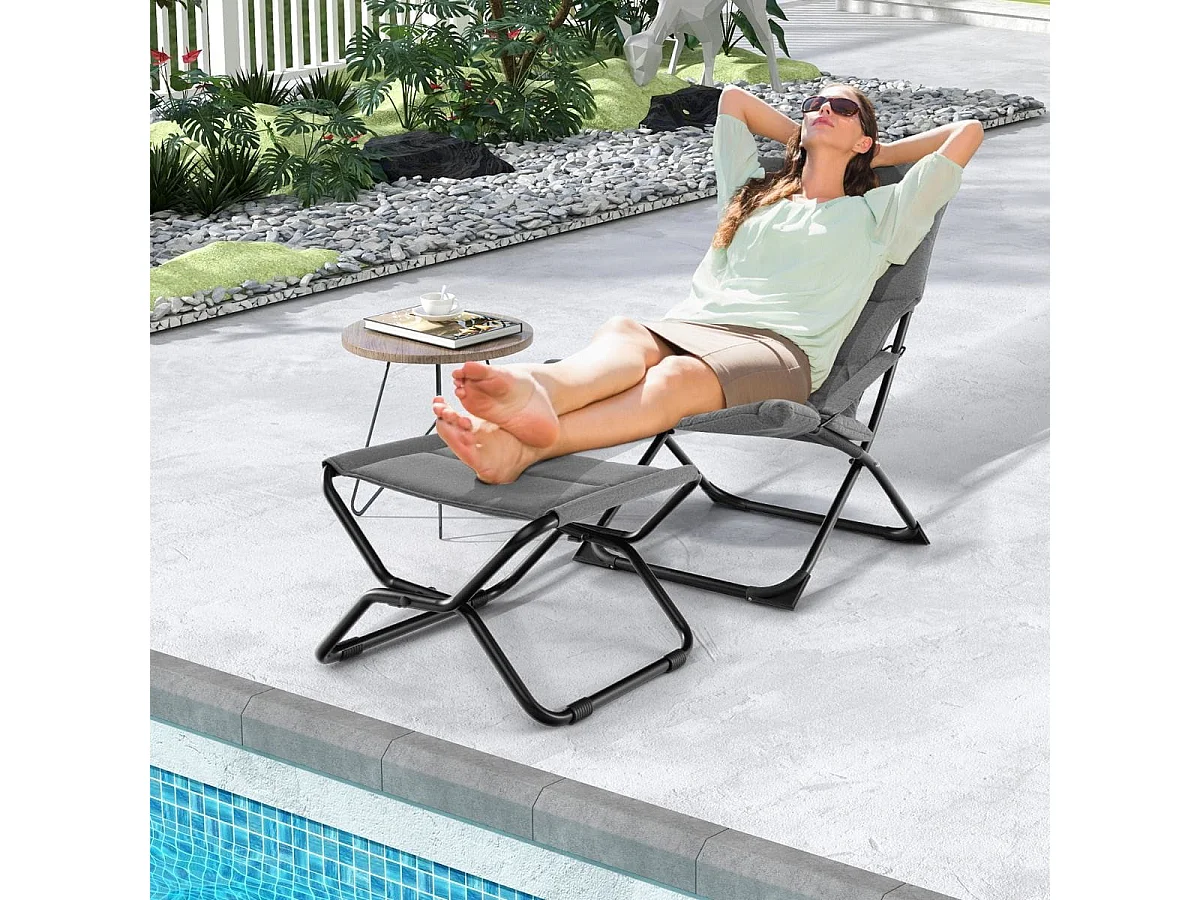 Sedia a sdraio pieghevole da patio con poggiapiedi e cuscino rimovibile, Sedia da esterno portatile Grigio
