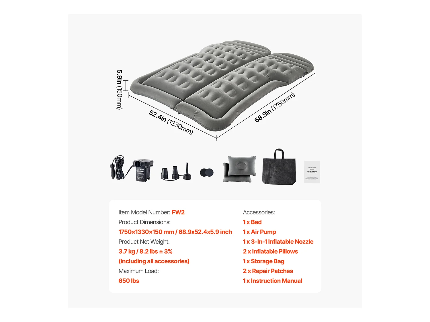 Matelas Gonflable, SucceBuy Matelas Gonflable Voiture Lit de Couchage Floqué avec Pompe à Air Gris