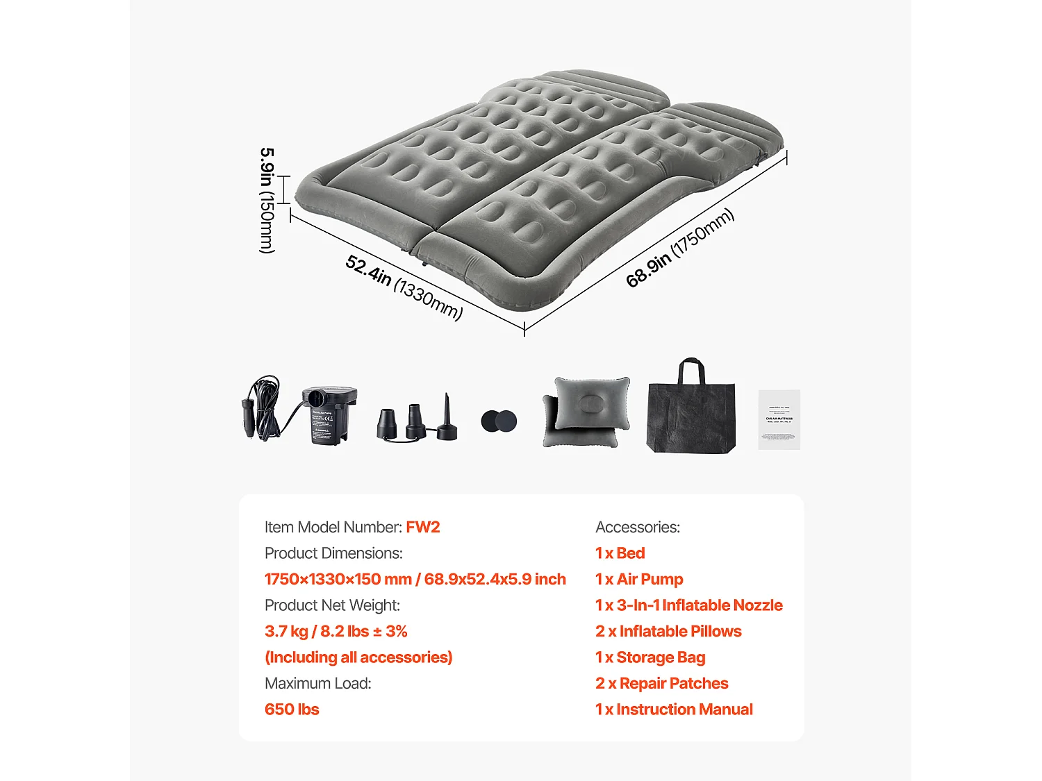 Matelas Gonflable, SucceBuy Matelas Gonflable Voiture Lit de Couchage Floqué avec Pompe à Air Gris