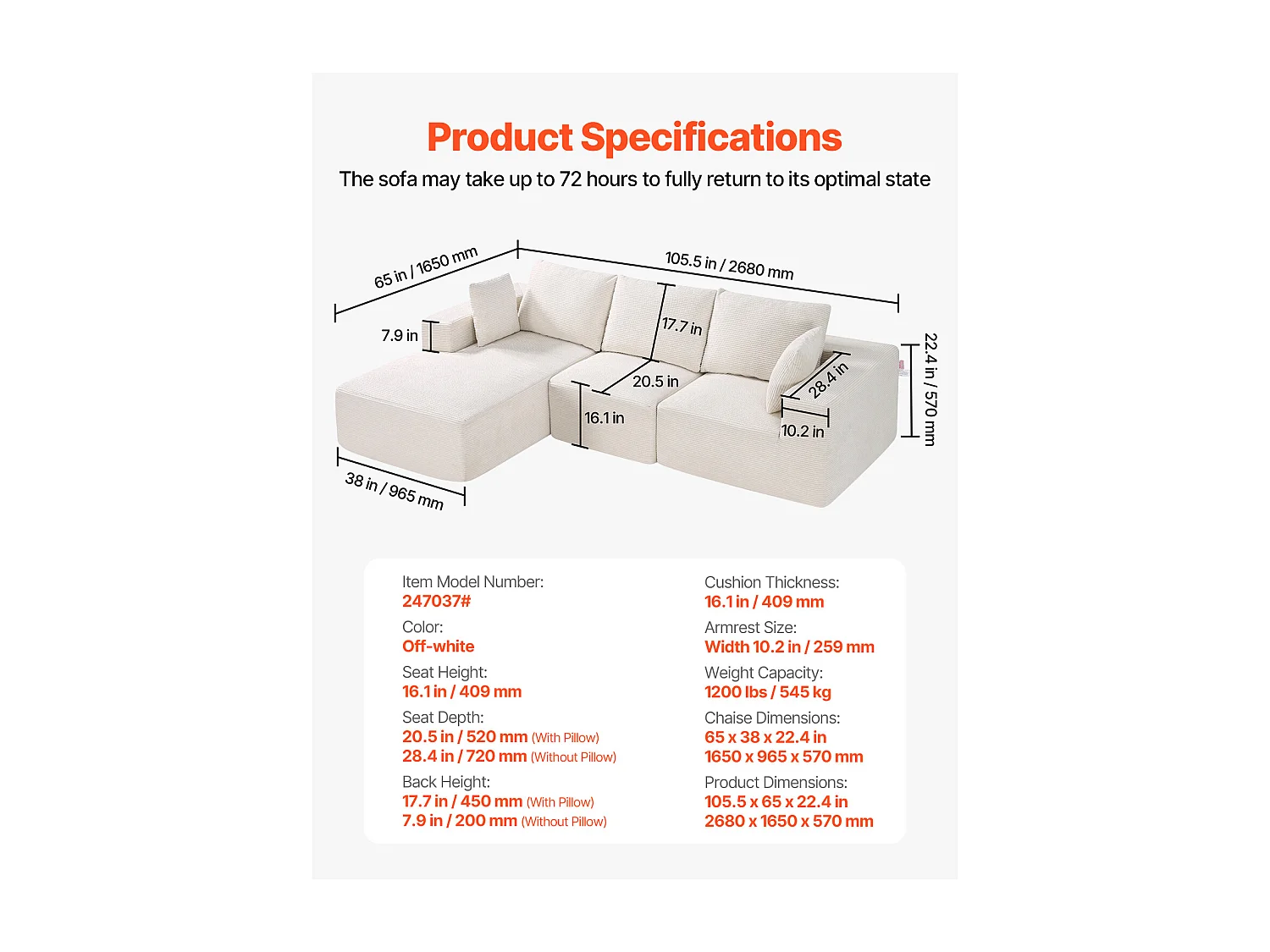 Sofá Seccional Modular SucceBuy en Forma de L con Chaise Longue y Cojín Beige