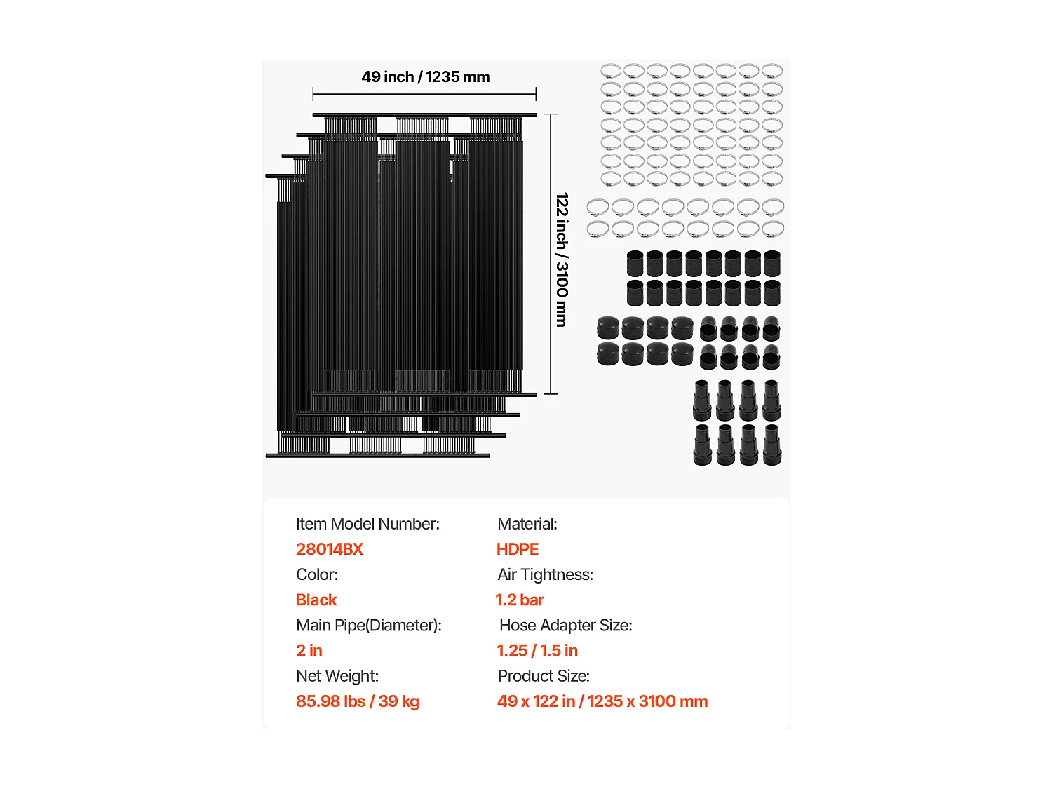 Zonneverwarming SucceBuy, Voor Bovengronds Zwembad, Afmetingen 1235x3100 mm, Set van 4