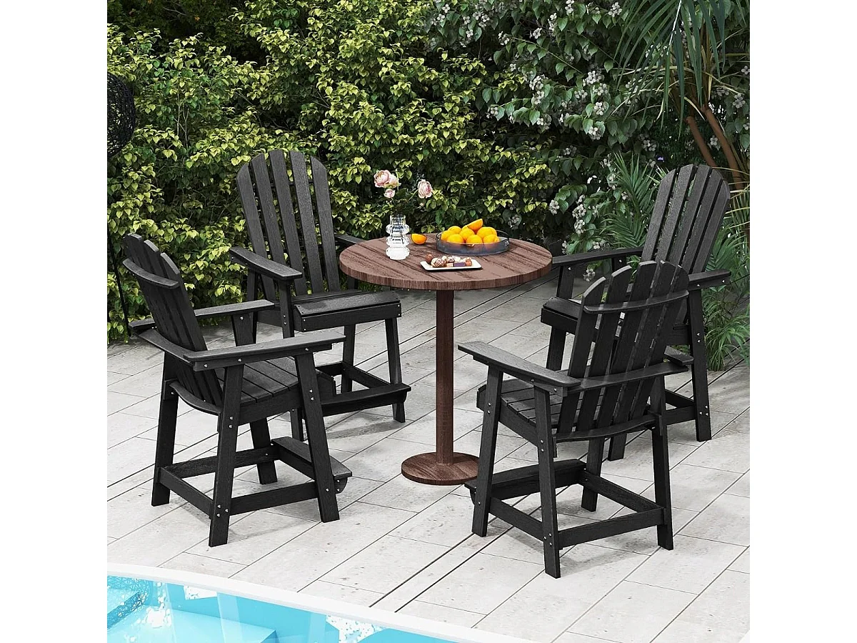 Chaise Tabouret de Bar en HDPE Accoudoirs Conception à Lattes Repose-pieds Charge 150KG Intérieur Extérieur Noir