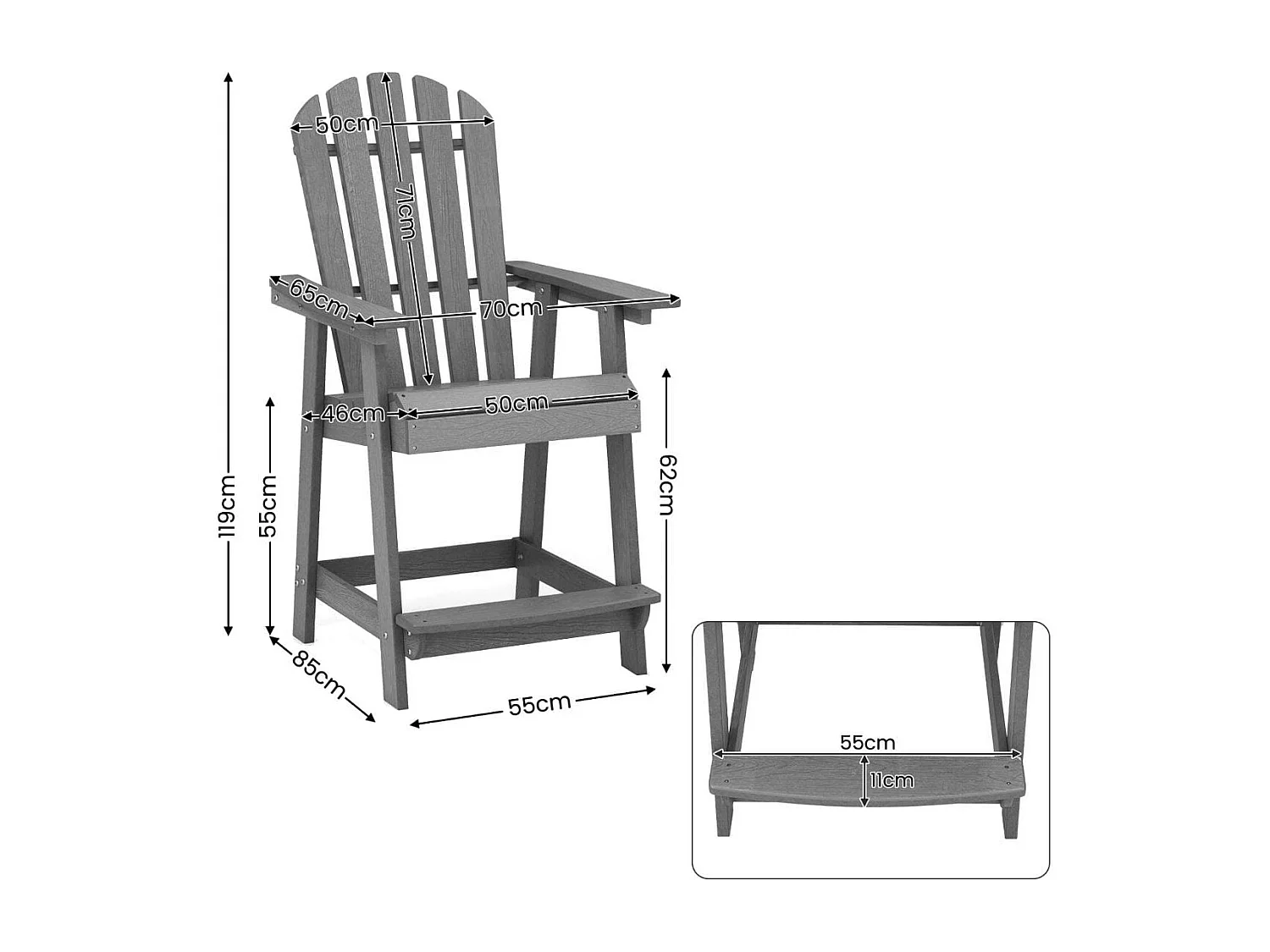 Outdoor Barhocker mit Armlehne & Fußstütze HDPE-Patiostuhl Wetterfester Pub-Hocker Grau