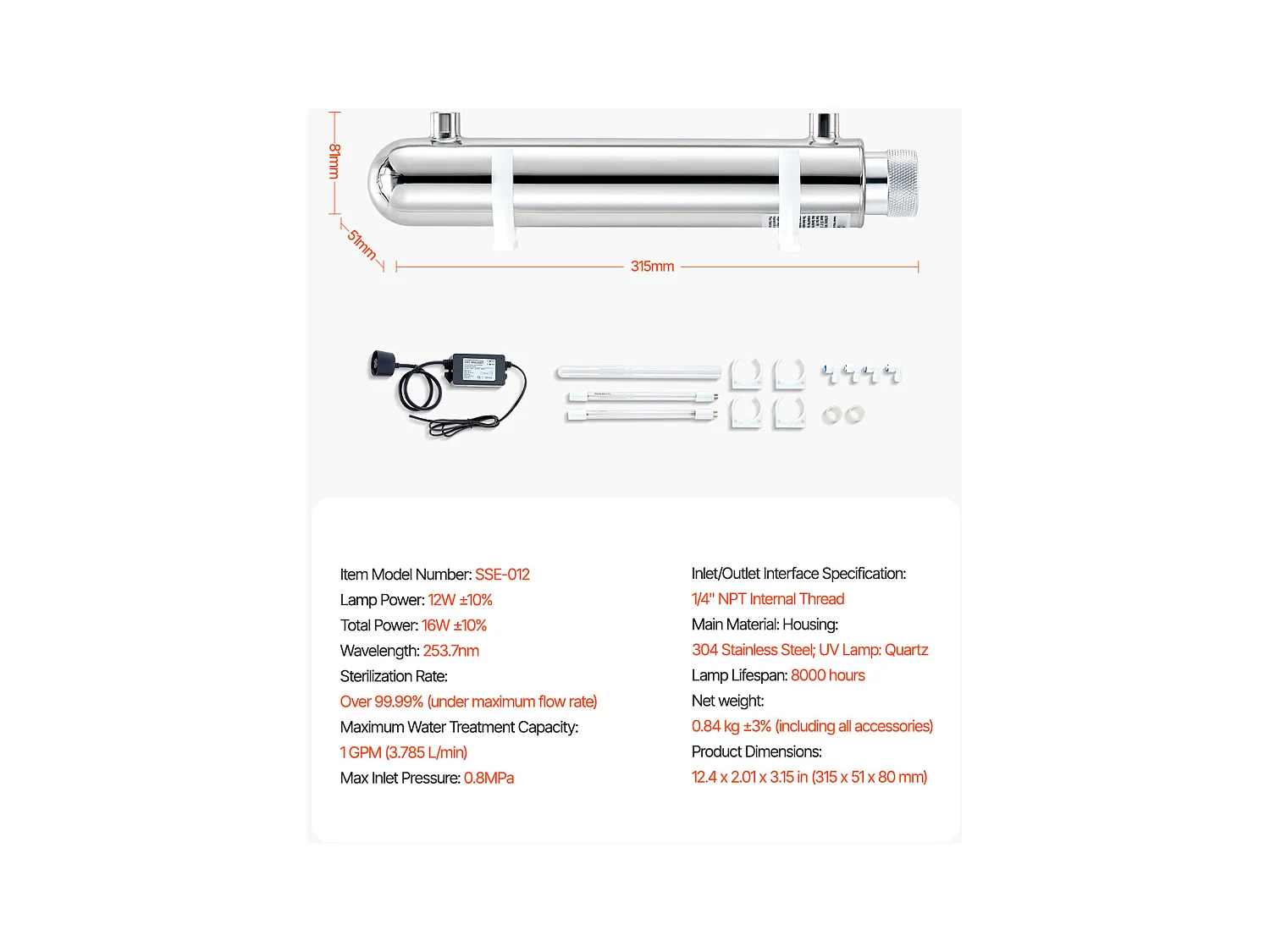 Purificateur d'Eau UV SucceBuy, Filtration Ultraviolette, Débit de 3,785 L/min