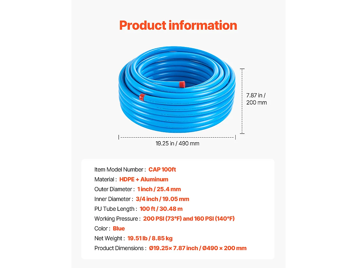 Kit de Conduite SucceBuy de Compresseur d'Air 7.62/10.16cm x 3048cm HDPE/Aluminium, Bleu