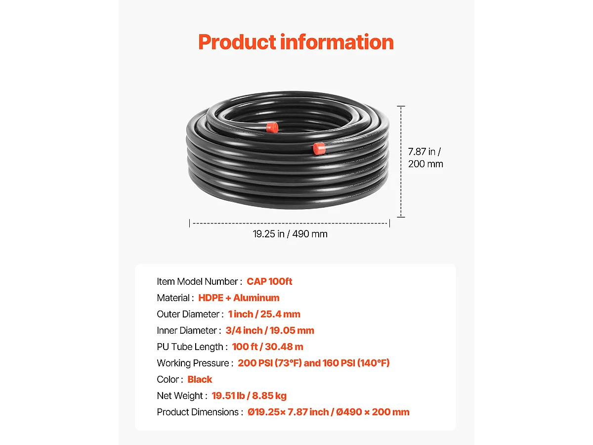 Kit de Línea SucceBuy de Compresor de Aire, Sistema de Tubería de Aire Comprimido en PEHD-Aluminio 100 Pies x 3/4 pulgadas, Impermeable, Negro