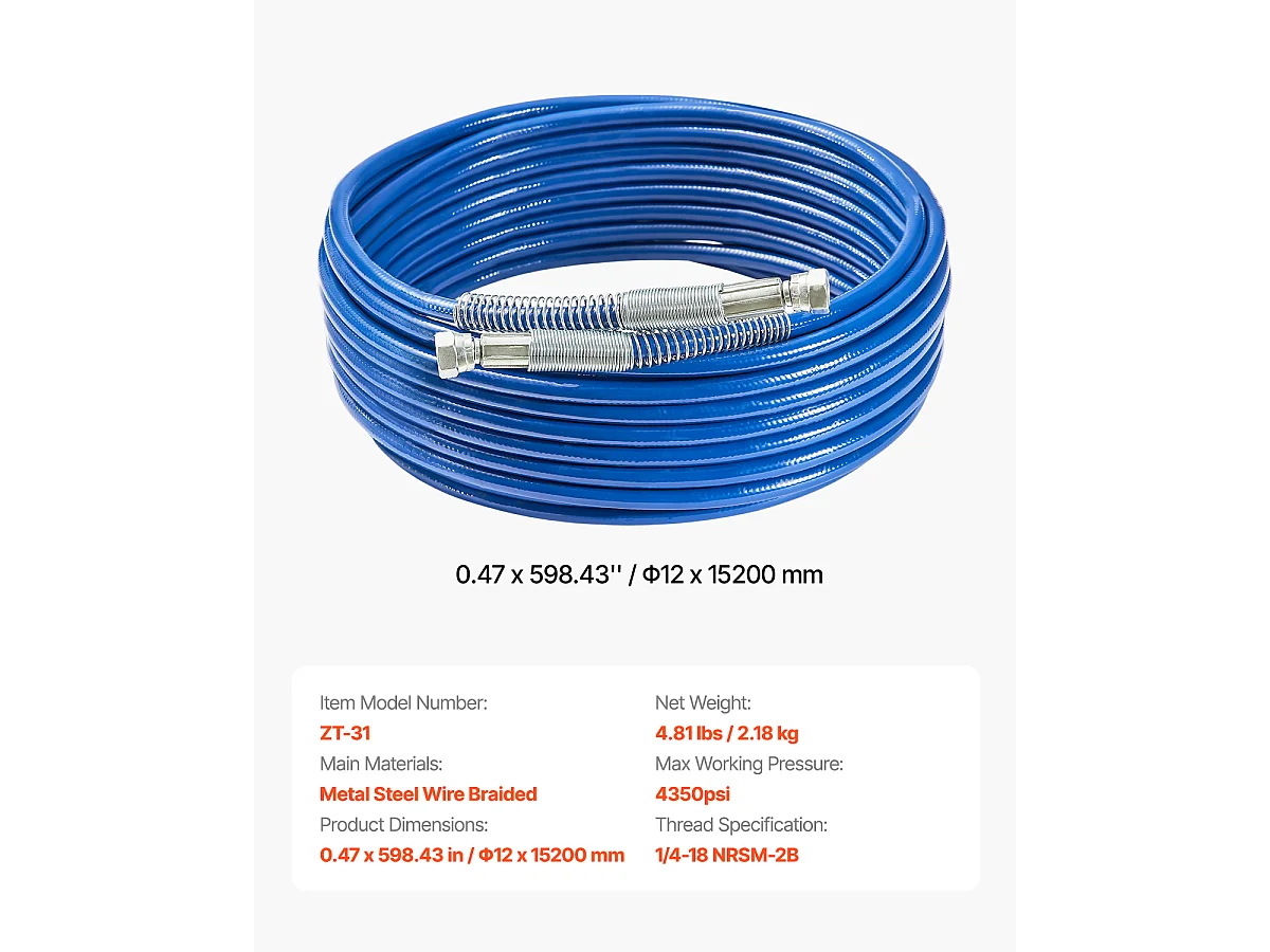 Tuyau de Pulvérisation SucceBuy de Peinture sans Air de 1524cm, Tuyau Haute Pression Universel de 2.54/10.16cm