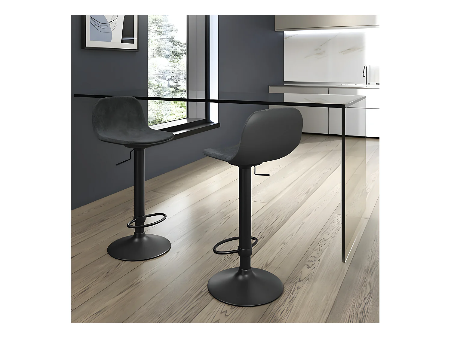 Lot de 2 tabourets hauts "Woody" gris anthracite en tissu avec vérin à gaz et repose-pieds 45x39 cm 86h