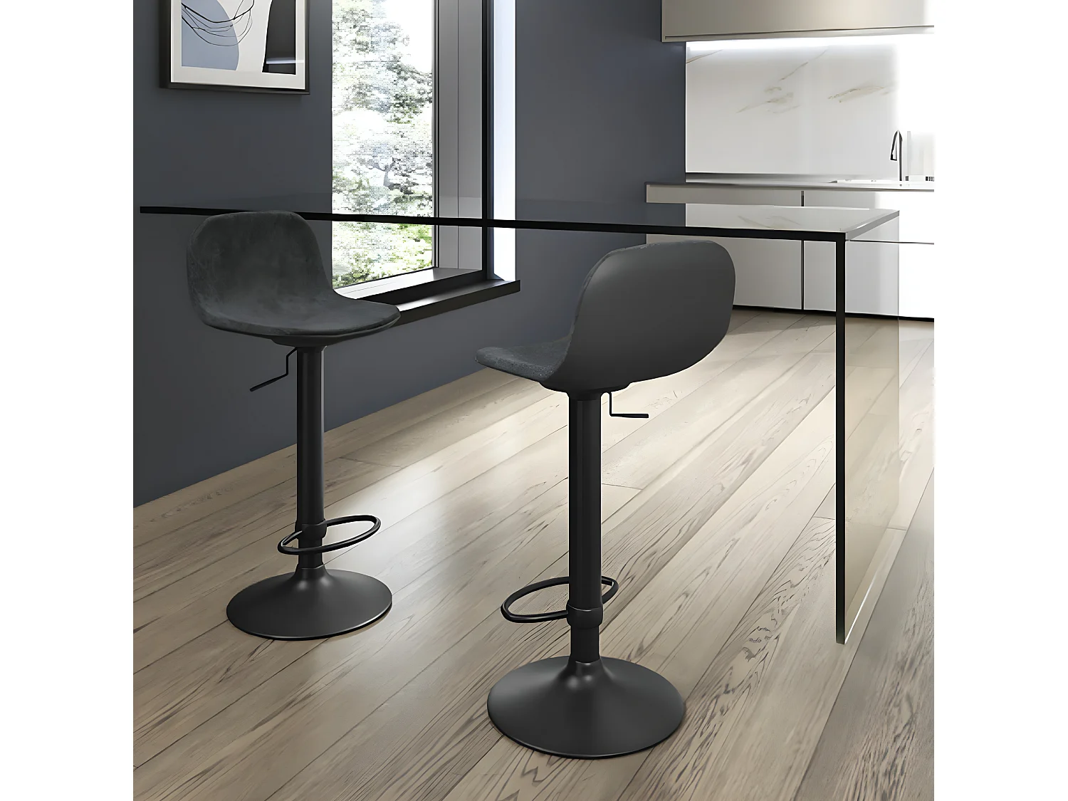 2er-Set "Woody" anthrazitgraue Barhocker aus Stoff mit Gasdruckfeder und Fußstütze 45x39 cm 86h