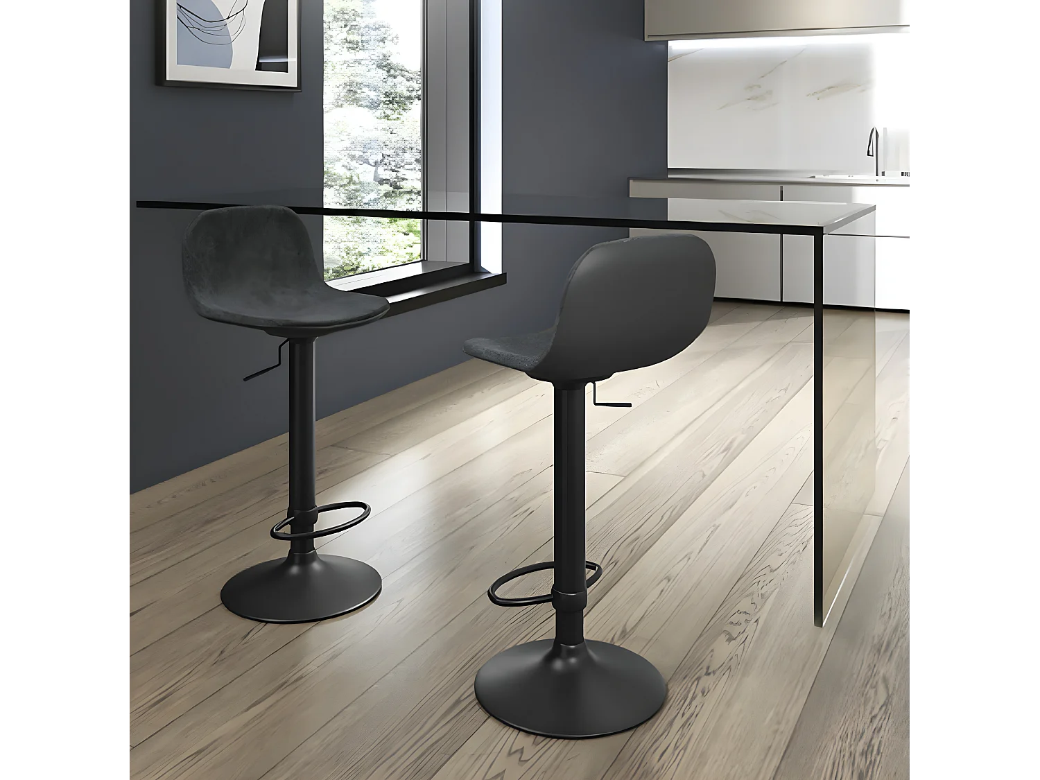 2er-Set "Woody" anthrazitgraue Barhocker aus Stoff mit Gasdruckfeder und Fußstütze 45x39 cm 86h