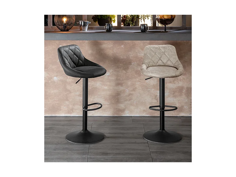 Lot de 2 tabourets hauts modernes "Tema" en tissu beige rembourré avec repose-pieds cm 50x45 84h