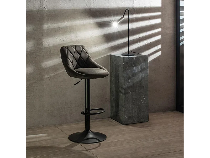 2er-Set moderner Barhocker "Tema" aus dunkelgrauem Stoff, gepolstert mit Fußstütze, 50 x 45 x 84 cm