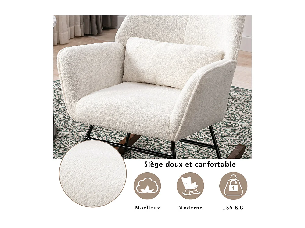 Fauteuil à Bascule en Laine d'agneau Fauteuil en Laine Moderne, Chaise à Bascule Confortable avec Pieds en Bois Massif Beige