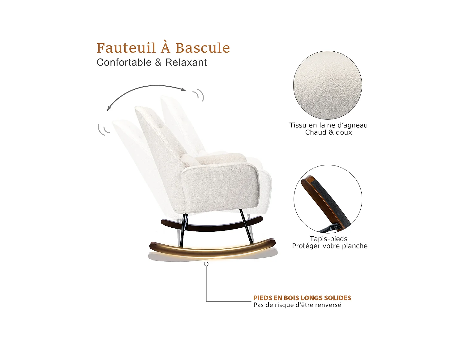 Fauteuil à Bascule en Laine d'agneau Fauteuil en Laine Moderne, Chaise à Bascule Confortable avec Pieds en Bois Massif Beige