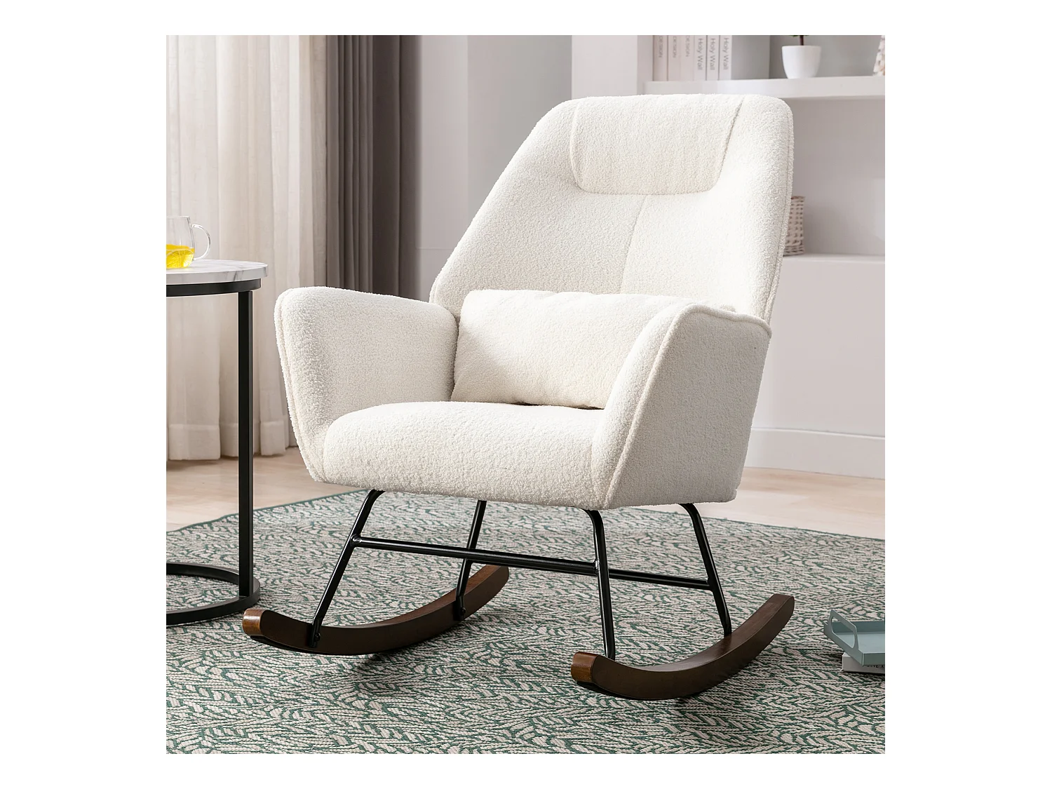 Fauteuil à Bascule en Laine d'agneau Fauteuil en Laine Moderne, Chaise à Bascule Confortable avec Pieds en Bois Massif Beige