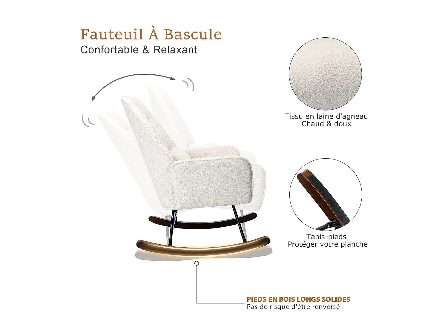 Fauteuil à Bascule en Laine d'agneau Fauteuil en Laine Moderne, Chaise à Bascule Confortable avec Pieds en Bois Massif Beige