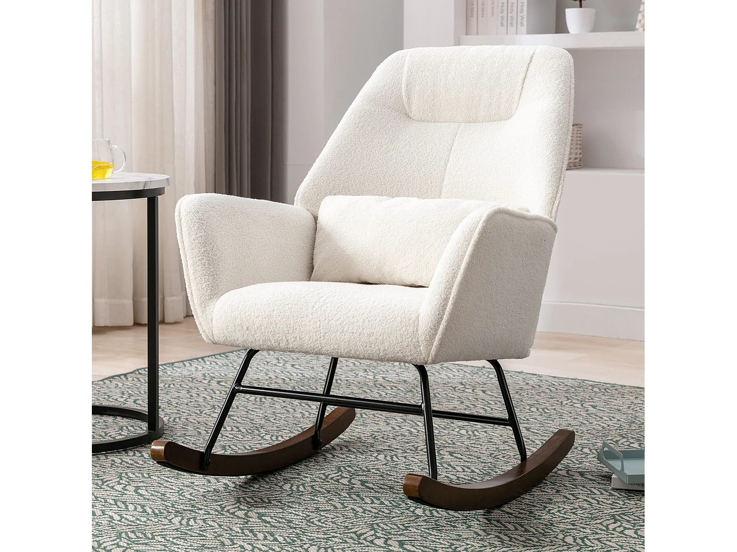 Fauteuil à Bascule en Laine d'agneau Fauteuil en Laine Moderne, Chaise à Bascule Confortable avec Pieds en Bois Massif Beige