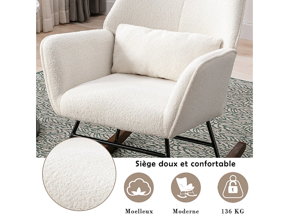 Fauteuil à Bascule en Laine d'agneau Fauteuil en Laine Moderne, Chaise à Bascule Confortable avec Pieds en Bois Massif Beige