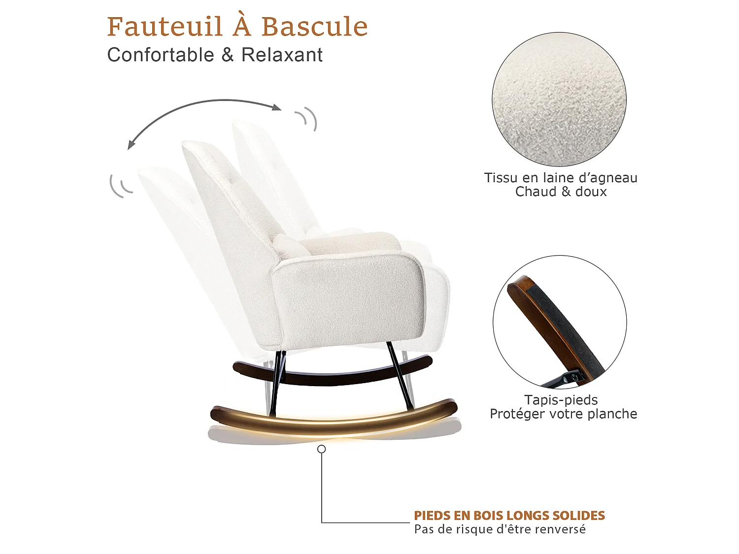 Fauteuil à Bascule en Laine d'agneau Fauteuil en Laine Moderne, Chaise à Bascule Confortable avec Pieds en Bois Massif Beige