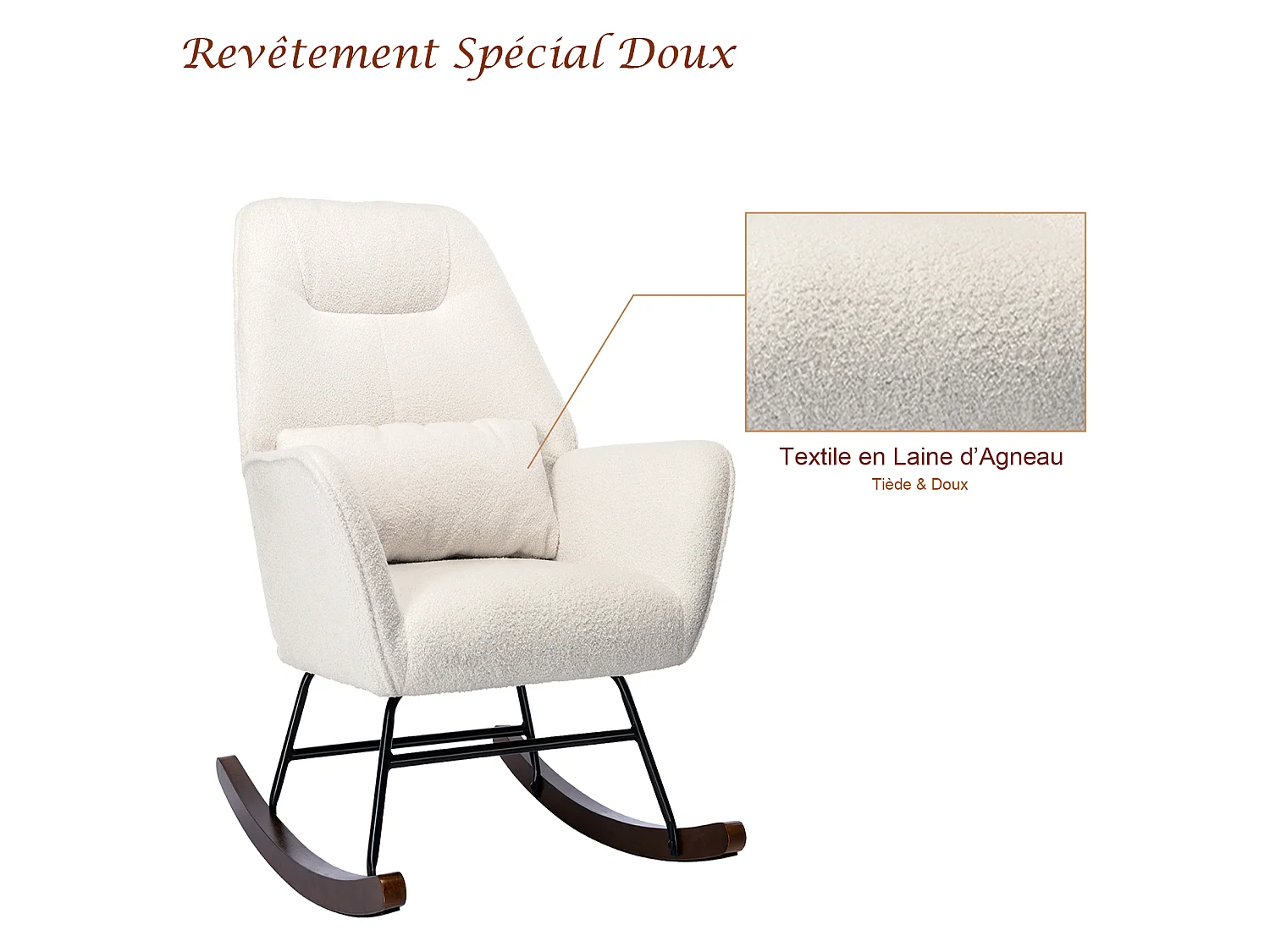 Fauteuil à Bascule en Laine d'agneau Fauteuil en Laine Moderne, Chaise à Bascule Confortable avec Pieds en Bois Massif Beige