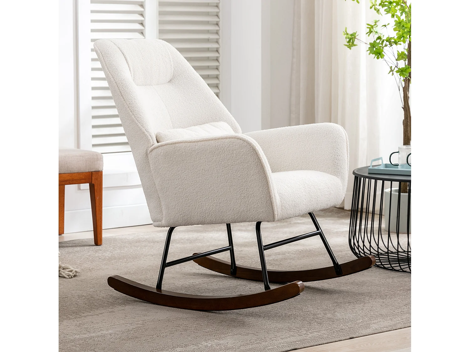 Fauteuil à Bascule en Laine d'agneau Fauteuil en Laine Moderne, Chaise à Bascule Confortable avec Pieds en Bois Massif Beige