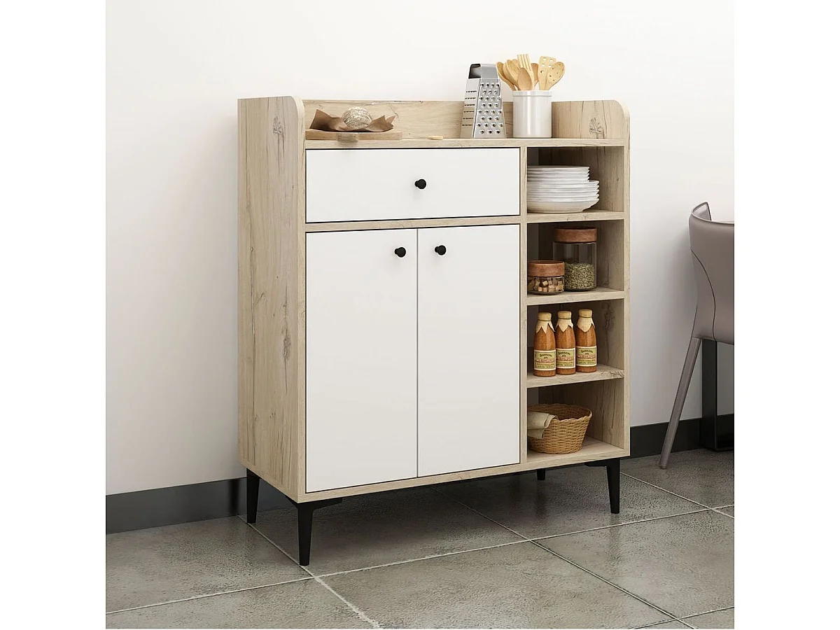 Aparador Reyna armario + cajón + 4 compartimentos natural/blanco 105x90x40 cm