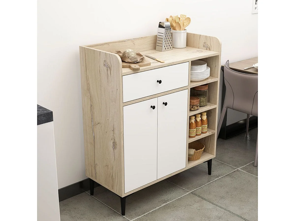 Aparador Reyna armario + cajón + 4 compartimentos natural/blanco 105x90x40 cm