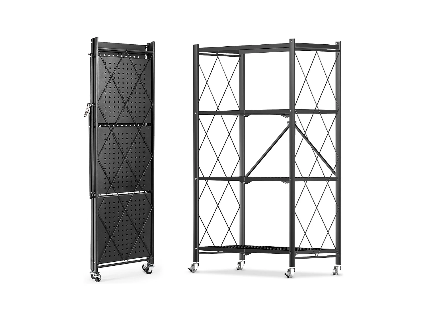 HomeMiYN Lot de 2 Étagères de Rangement Pliables 3 à 4 Niveaux - Étagères Multifonctionnelles à Roulettes 71x34x121 cm, Noir