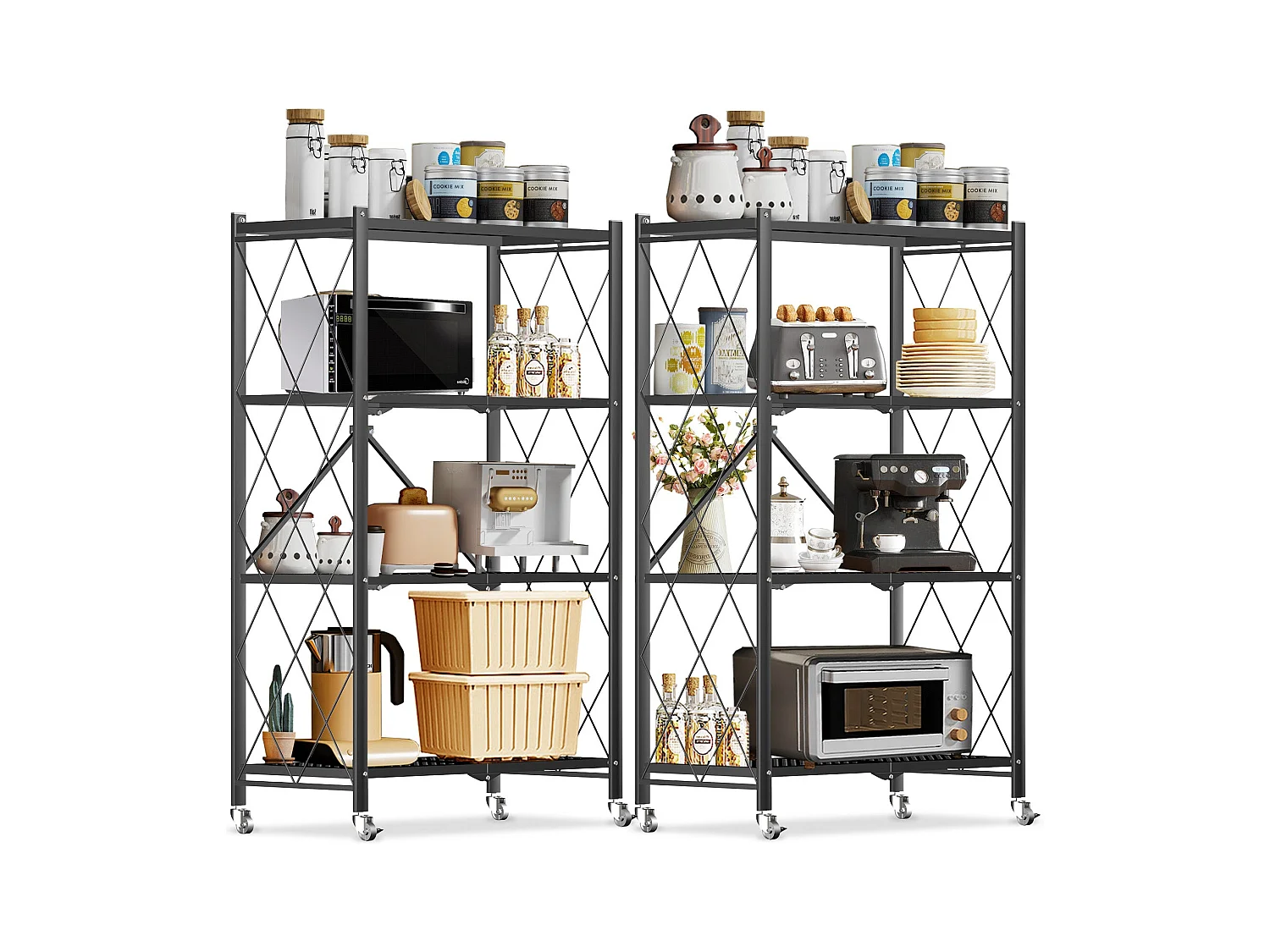 HomeMiYN Lot de 2 Étagères de Rangement Pliables 3 à 4 Niveaux - Étagères Multifonctionnelles à Roulettes 71x34x121 cm, Noir