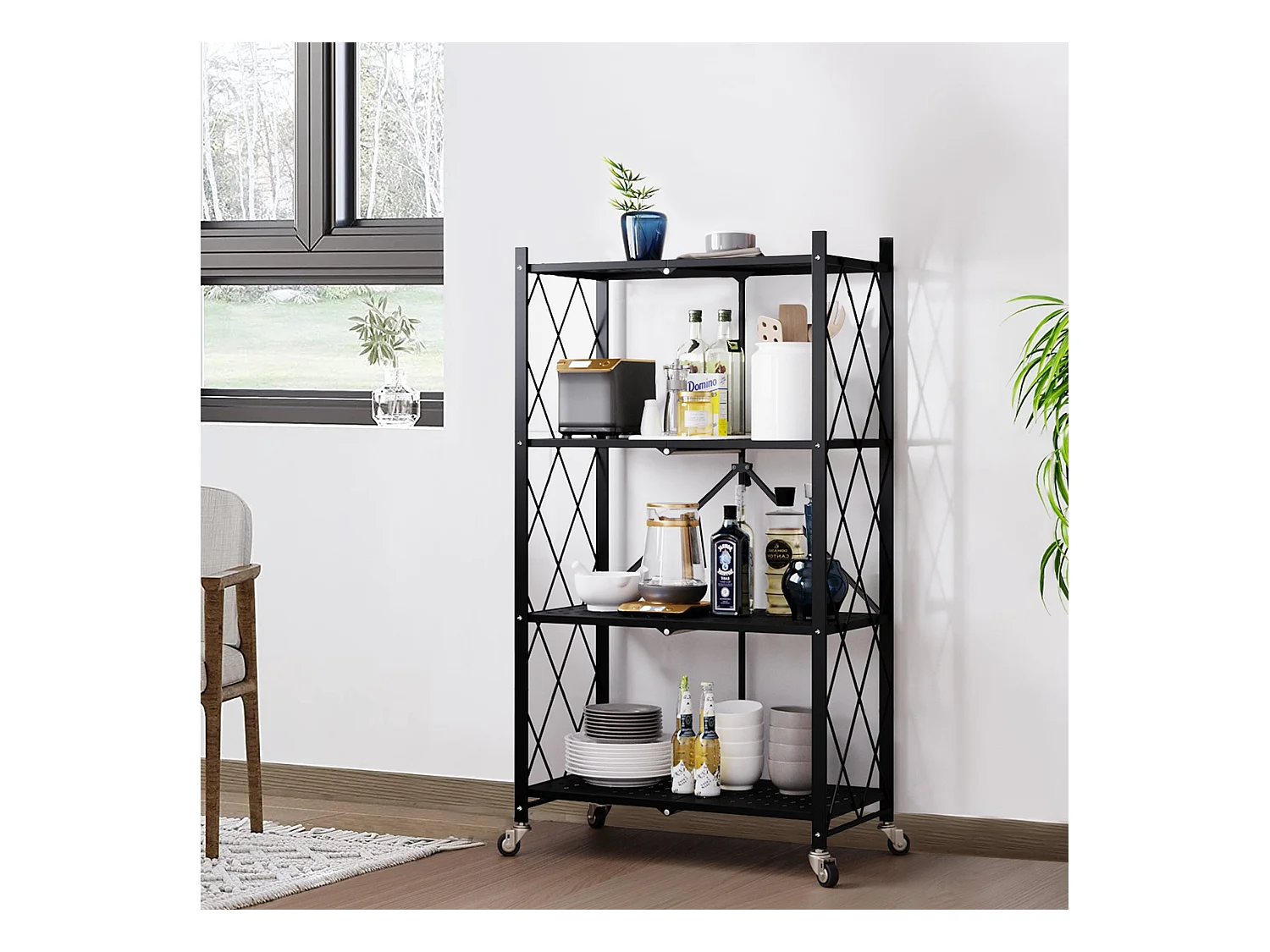 HomeMiYN Lot de 2 Étagères de Rangement Pliables 3 à 4 Niveaux - Étagères Multifonctionnelles à Roulettes 71x34x121 cm, Noir