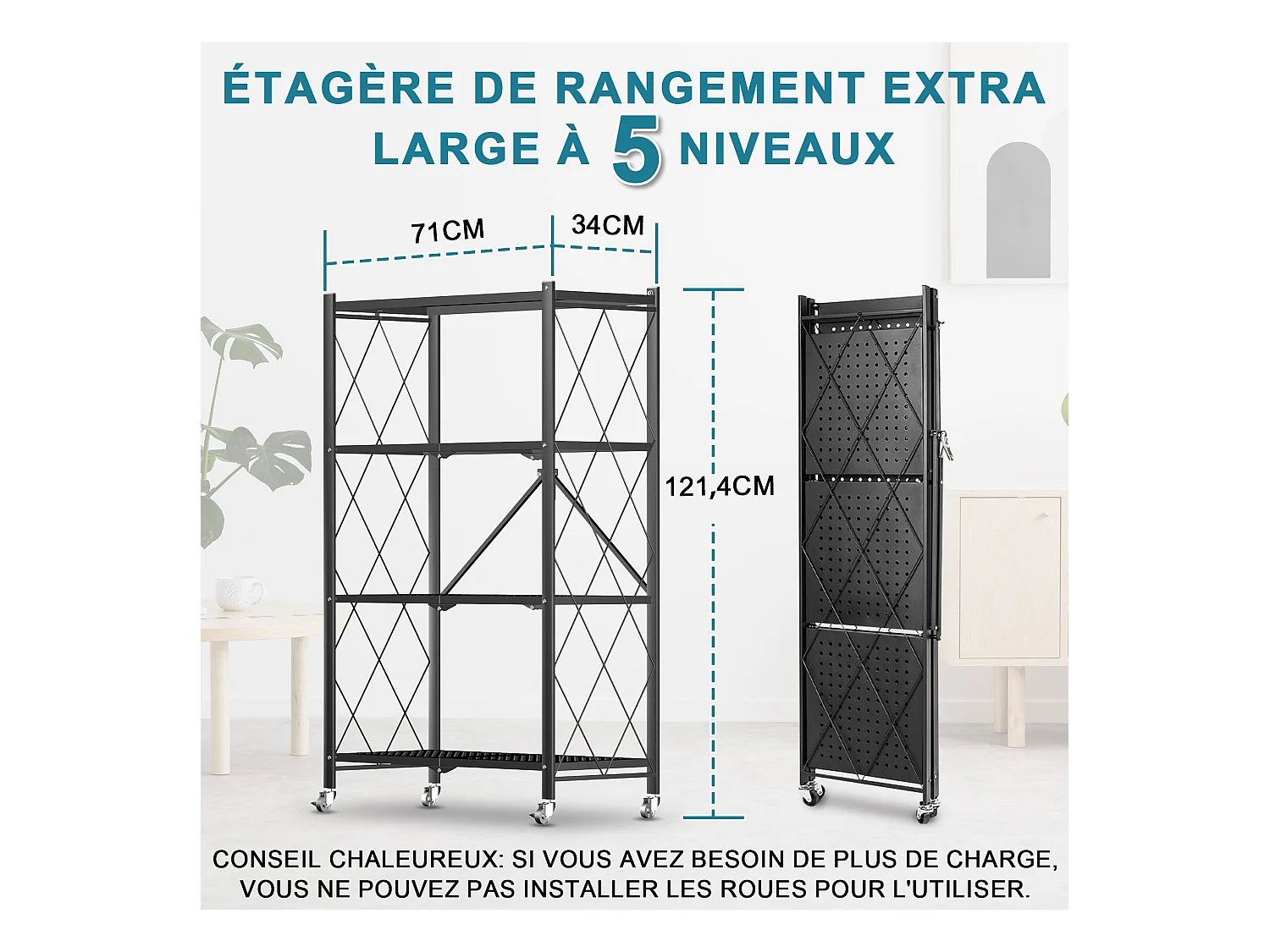 HomeMiYN Lot de 2 Étagères de Rangement Pliables 3 à 4 Niveaux - Étagères Multifonctionnelles à Roulettes 71x34x121 cm, Noir