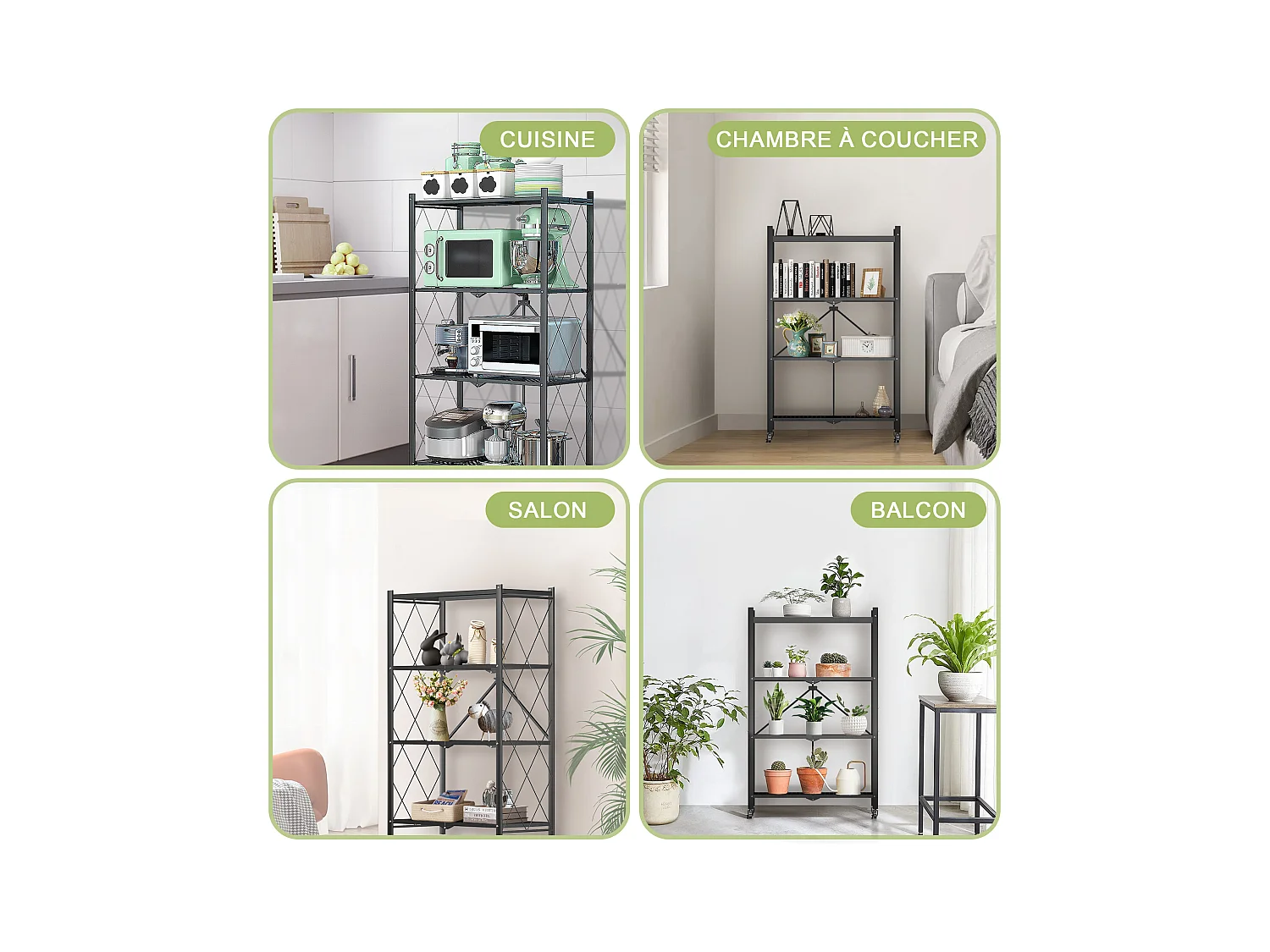 HomeMiYN Lot de 2 Étagères de Rangement Pliables 3 à 4 Niveaux - Étagères Multifonctionnelles à Roulettes 71x34x121 cm, Noir