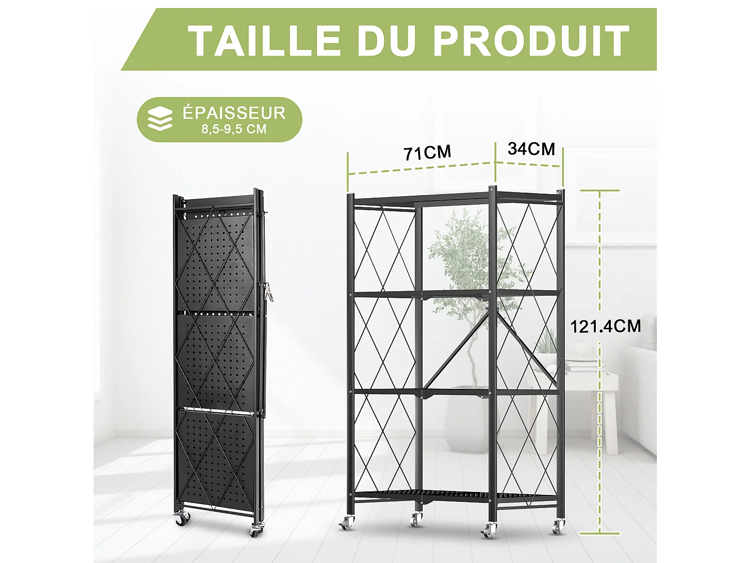 HomeMiYN Lot de 2 Étagères de Rangement Pliables 3 à 4 Niveaux - Étagères Multifonctionnelles à Roulettes 71x34x121 cm, Noir