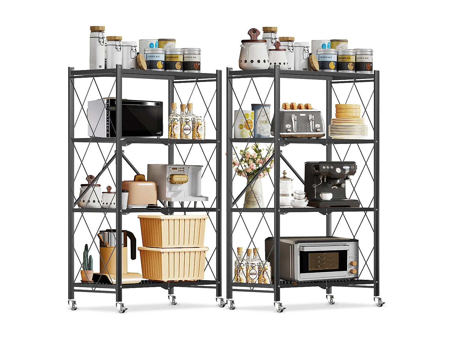 HomeMiYN 2er-Set Faltregale mit 3 bis 4 Ebenen - Multifunktionale Regale mit Rollen, 71 x 34 x 121 cm, Schwarz