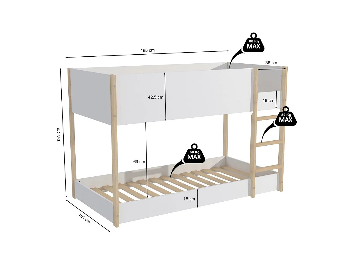 LIT SUPERPOSE 90x190 BOB + 2 SOMMIERS / Blanc et Bois clair