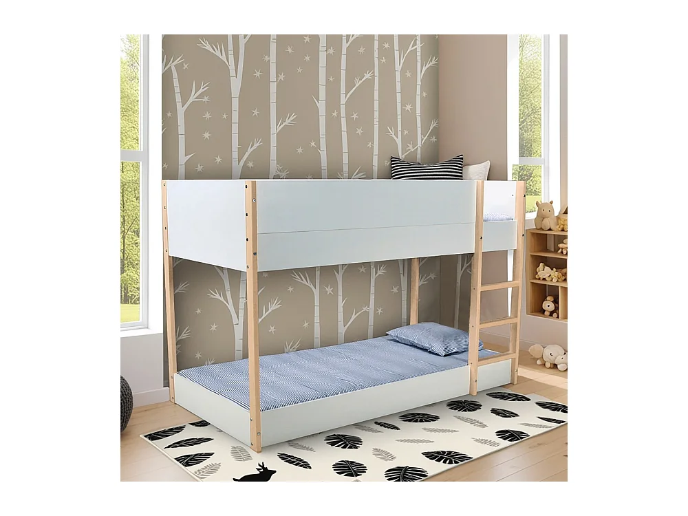 LIT SUPERPOSE 90x190 BOB + 2 SOMMIERS / Blanc et Bois clair