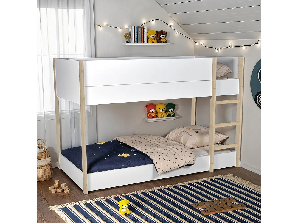 LIT SUPERPOSE 90x190 BOB + 2 SOMMIERS / Blanc et Bois clair