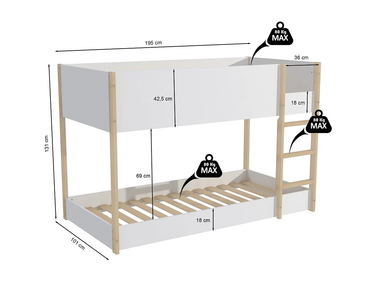 LIT SUPERPOSE 90x190 BOB + 2 SOMMIERS / Blanc et Bois clair